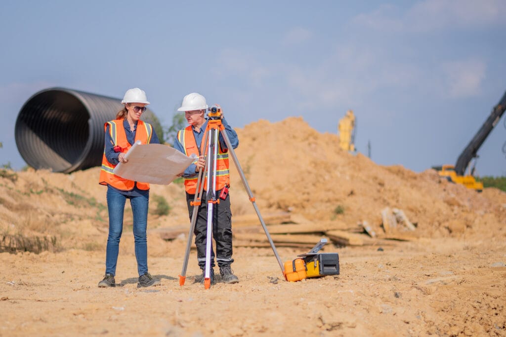 Topografia sendo realizada por profissionais em obra
